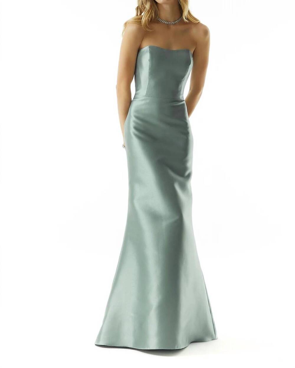 NEW MGNY metallic mermaid evening dress in silver/sage